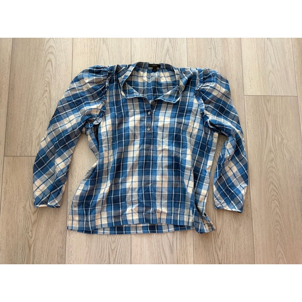 J.Crew Blue White Plaid Puff Sleeve Ruffle Blouse BB286 Womens Large Cotton